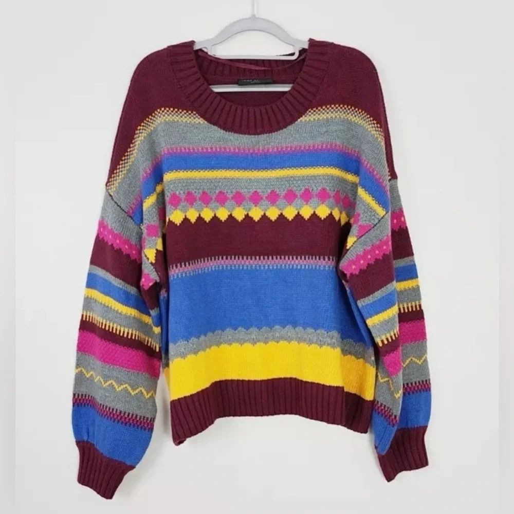 Lane Bryant Plus Crew Neck Fair Isle Sweater Stripe Yellow Red Blue 14/16 1X